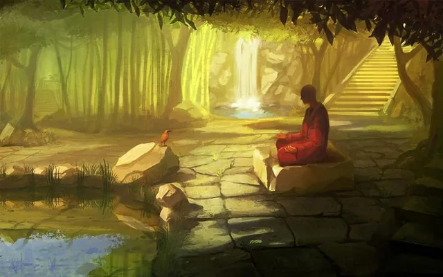 artwork bamboo birds digital art meditation monk ponds rocks stairways waterfalls zen1
